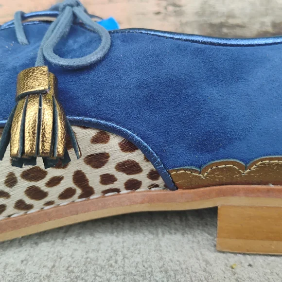 NEW Handmade Pink Blue Suede Leather Leopard Fringe Oxford Lace-Up Shoes 6 -9.5 - Picture 7 of 12